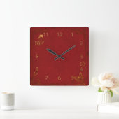 赤エレガントと金ゴールドヴィンテージ蝶 スクエア壁時計 (ホーム)