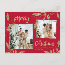赤エレガントと金ゴールド植物学2フォトクリスマス ポストカード