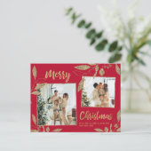 赤エレガントと金ゴールド植物学2フォトクリスマス ポストカード (スタンド正面)