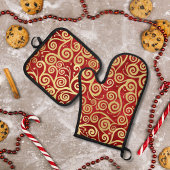 赤エレガントと金ゴールド渦巻き模様ボホクリスマス 鍋つかみ&鍋敷きセット