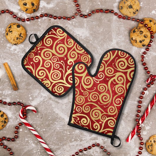 赤エレガントと金ゴールド渦巻き模様ボホクリスマス 鍋つかみ&鍋敷きセット