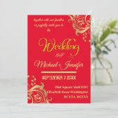 赤エレガントと金ゴールド結婚のカスタムQRコード 招待状 (スタンド正面)