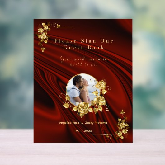 赤エレガントと金ゴールド結婚のパーソナライズされた アクリルサイン (ニュートラル)