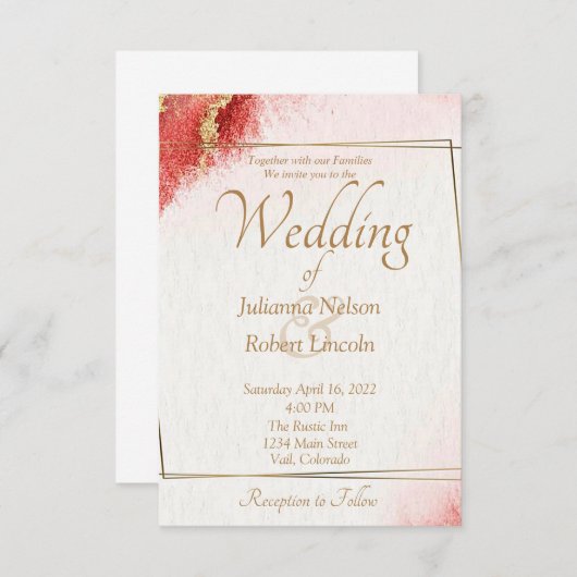 赤エレガントと金ゴールド結婚式招待状 招待状 (正面/裏面)