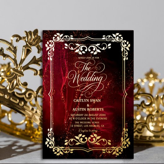 赤エレガントと金ゴールド華美結婚の 箔招待状