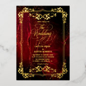 赤エレガントと金ゴールド華美結婚の 箔招待状 (正面)
