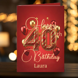 赤エレガントと金ゴールド40歳の誕生日お祝い カード
