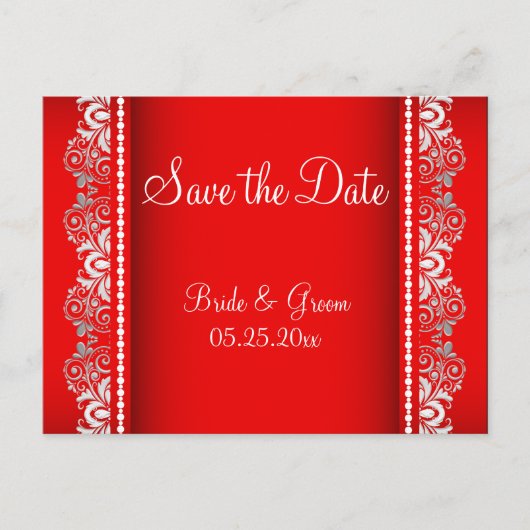 赤エレガントと銀のレーススタイル | パーソナライズ 案内ポストカード (正面)