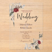 赤エレガントと霧の水の色のフローラ結婚 アクリル招待状 (正面)