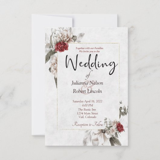 赤エレガントと霧の水の色のフローラ結婚 招待状 (正面)