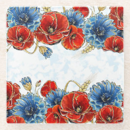 赤エレガントと青の思い出のケシ ガラスコースター