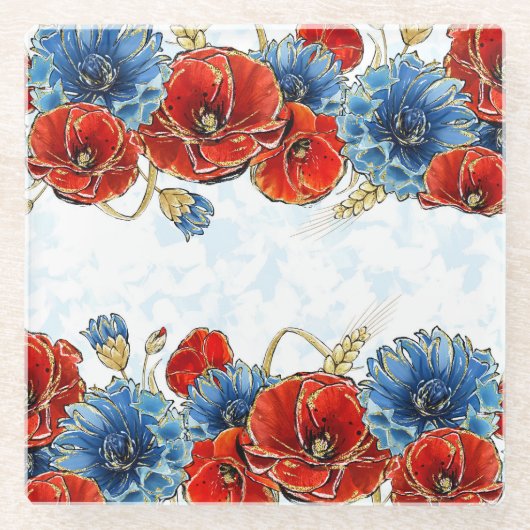 赤エレガントと青の思い出のケシ ガラスコースター (正面)