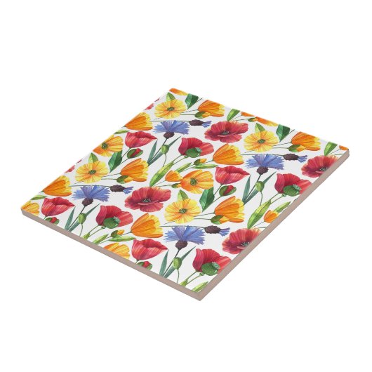 赤エレガントと黄色のケシの花とうもろこし花 タイル (側面)