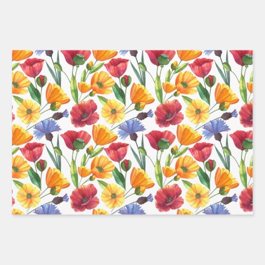 赤エレガントと黄色のケシの花とうもろこし花 ラッピングペーパーシート (正面)