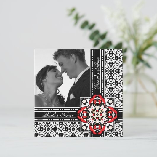 赤エレガントと黒のダマスクの結婚式招待状 招待状 (スタンド正面)