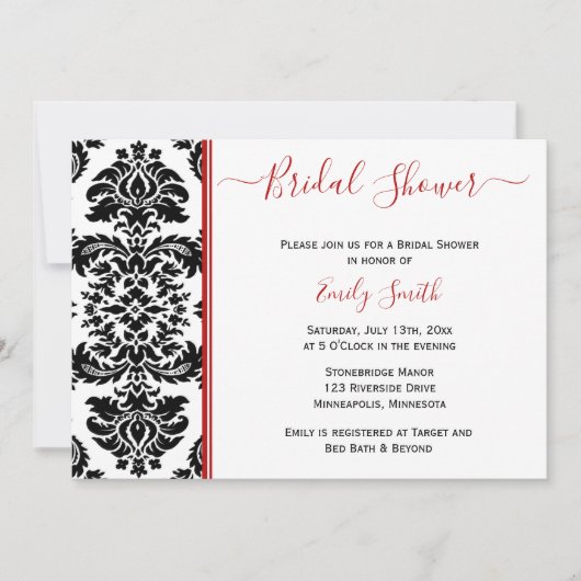 赤エレガントと黒のダマスクブライダルシャワー 招待状 (正面)