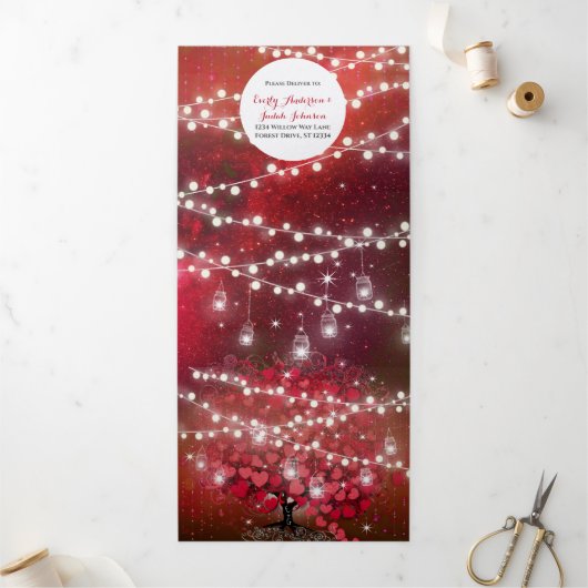 赤エレガントと黒のハートリーフ結婚ズ 三つ折り招待状 (外部)