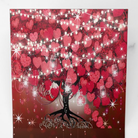 赤エレガントと黒のハートリーフ結婚ズ 三つ折り招待状 (内部最初)