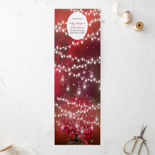 赤エレガントと黒のハートリーフ結婚ズ 三つ折り招待状 (外部)