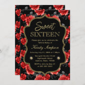 赤エレガントと黒のバラと金ゴールドフレーム甘い16 招待状 (正面/裏面)
