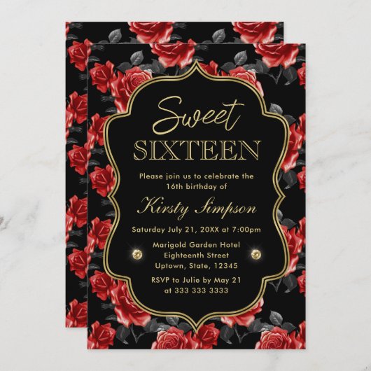 赤エレガントと黒のバラと金ゴールドフレーム甘い16 招待状 (正面/裏面)