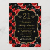 赤エレガントと黒のバラと金ゴールドフレーム誕生日 招待状 (正面/裏面)