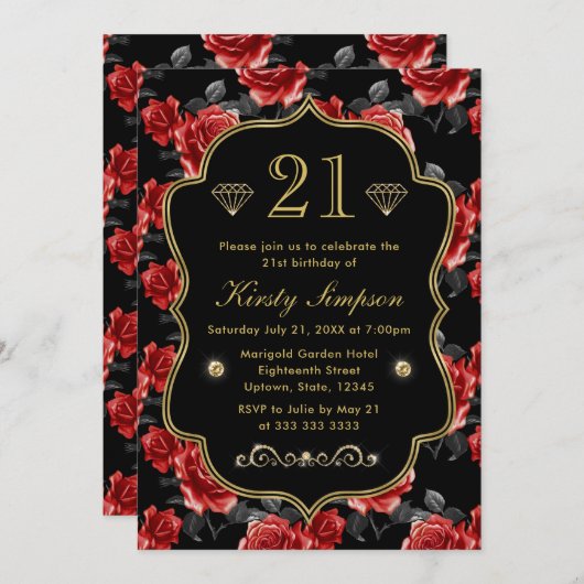 赤エレガントと黒のバラと金ゴールドフレーム誕生日 招待状 (正面/裏面)