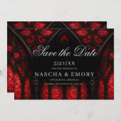 赤エレガントと黒の大聖堂ゴシック結婚ズ セーブザデート (正面/裏面)