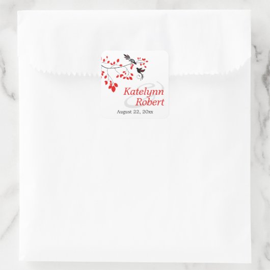 赤エレガントと黒の枝に浮かぶ結婚鳥 スクエアシール (バッグ)