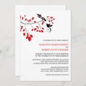 赤エレガントと黒の枝に浮かぶ結婚鳥 招待状 (正面/裏面)