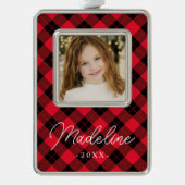 赤エレガントと黒の格子模様 シルバープレートフレームオーナメント (正面)