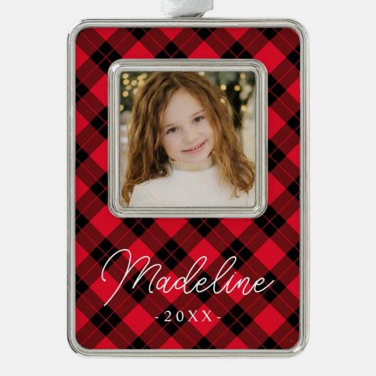 赤エレガントと黒の格子模様 シルバープレートフレームオーナメント (正面)