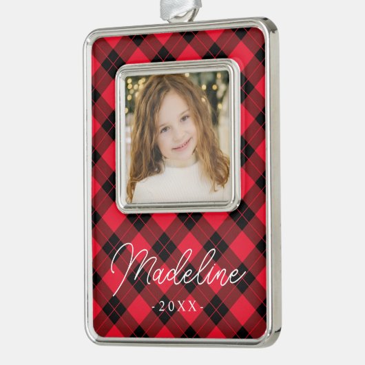 赤エレガントと黒の格子模様 シルバープレートフレームオーナメント (左)
