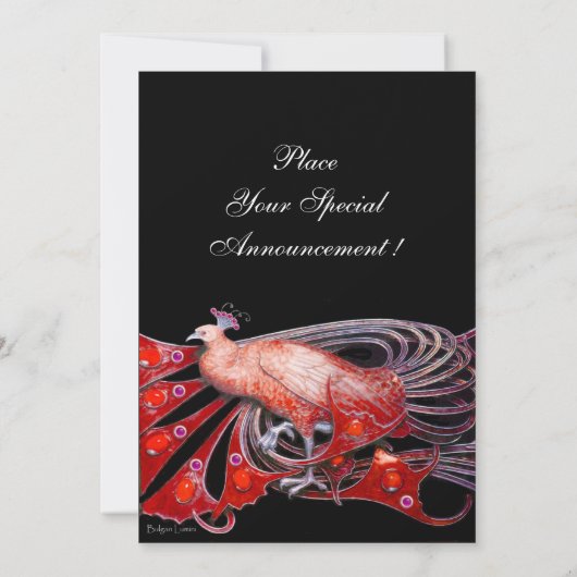 赤エレガントと黒の結婚式のパーティーの孔雀 招待状 (裏面)
