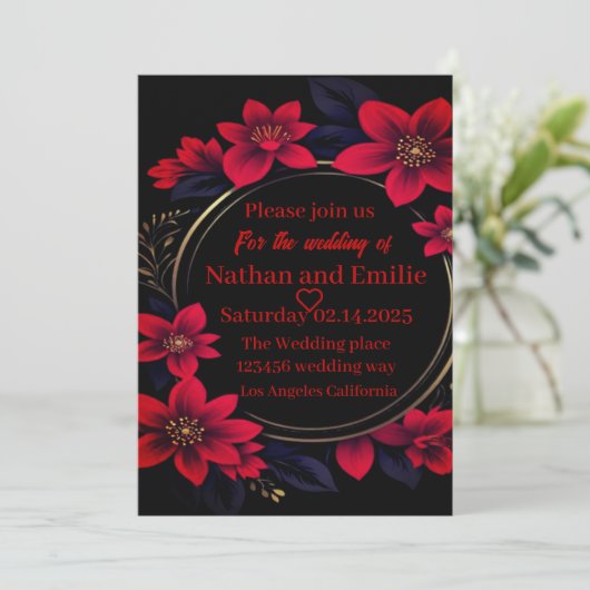 赤エレガントと黒の結婚式招待状 招待状 (スタンド正面)