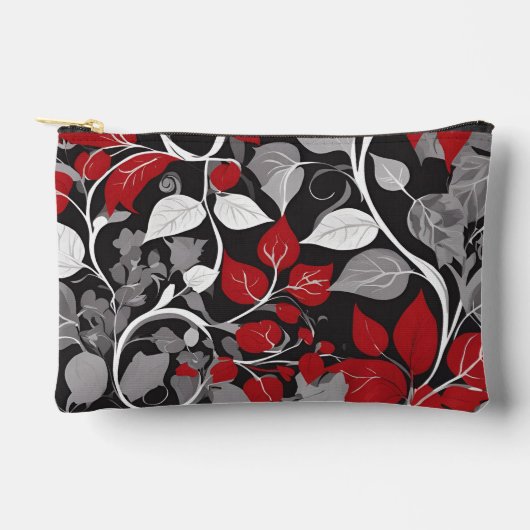 赤エレガントと黒の葉のデザイン アクセサリーポーチ (正面)