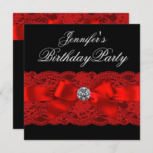 赤エレガントと黒の誕生日パーティー 招待状 (正面/裏面)
