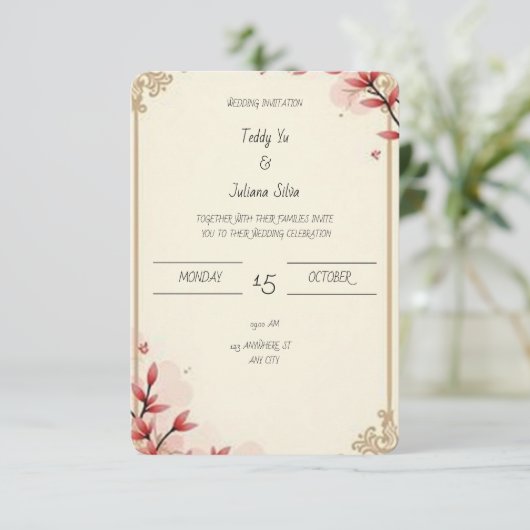 赤エレガントアクセントのベージュ結婚式招待状 招待状 (スタンド正面)