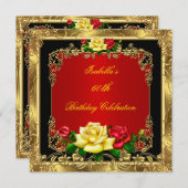 赤エレガントイエローローローズ金ゴールド誕生会 招待状 (正面/裏面)