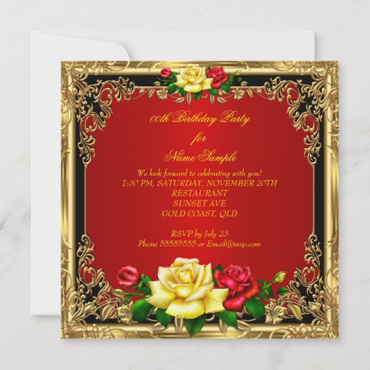 赤エレガントイエローローローズ金ゴールド誕生会 招待状 (裏面)
