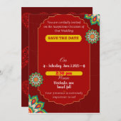赤エレガントインディアン結婚の日付を保存 招待状 (正面/裏面)