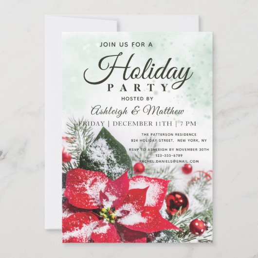 赤エレガントウィンターポインセチアフローラホリデーパーティー 招待状 (正面)