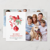 赤エレガントオーナメントクリスマスグリーティング4 PHOTO シーズンカード (正面/裏面)