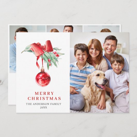 赤エレガントオーナメントクリスマスグリーティング4 PHOTO シーズンカード (正面/裏面)