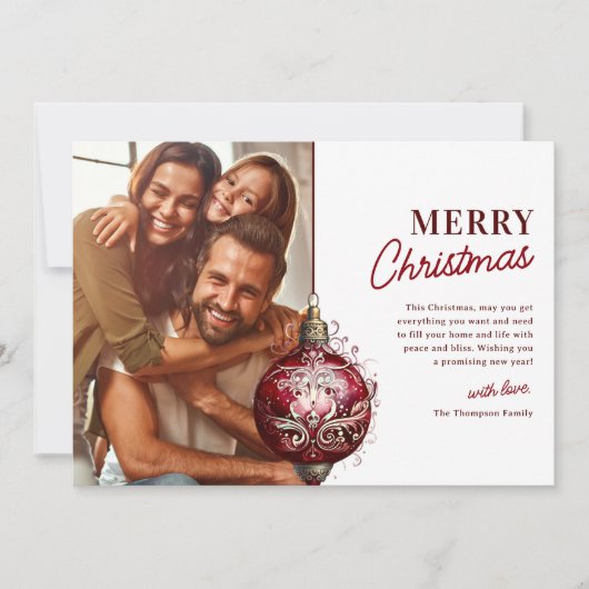 赤エレガントオーナメントフォトクリスマス シーズンカード (正面)