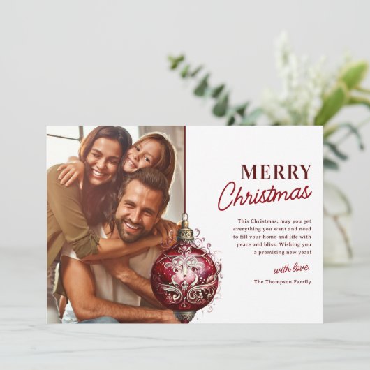赤エレガントオーナメントフォトクリスマス シーズンカード (スタンド正面)