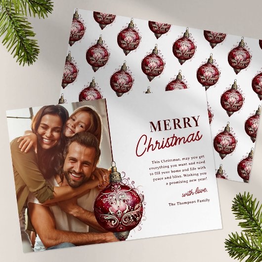赤エレガントオーナメントフォトクリスマス シーズンカード