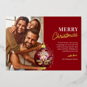 赤エレガントオーナメントフォトクリスマス 箔シーズンカード (正面)