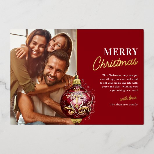 赤エレガントオーナメントフォトクリスマス 箔シーズンカード (正面)