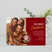 赤エレガントオーナメントフォトクリスマス 箔シーズンカード (立ち正面)